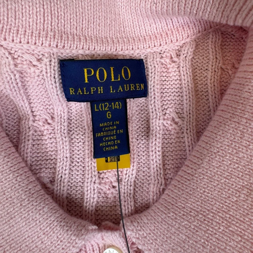 NWT Polo Ralph Lauren Girls Pink Cable Knit Polo Dress Size L 12-14 NWT 3139003